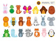 Collection of wild animals in children's style on a white background. Cute animals