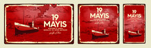 19 Mayis Ataturk'u Anma, Genclik Ve Spor Bayrami , 19 May Commemoration Of Ataturk, Youth And Sports Day, Bandirma Vapuru Ship Vintage Vector Illustration.