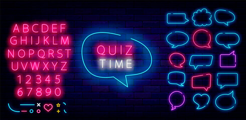 Wall Mural - Quiz time neon sign. Shiny pink alphabet. Speech bubbles collection. Exam concept. Vector stock illustration