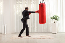 Businessmen Punching A Hanging Boxing Bag In A Living Room