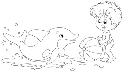 Wall Mural - Happy little boy and a merry playful dolphin playing a big striped ball on a summer beach beside a sea, black and white outline vector cartoon illustration for a coloring book page