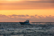 A fishing vessel navigating the Oregon Inlet against a sunrise sky, Outer Banks North Carolina