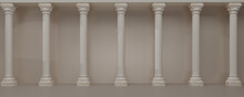 3D Ancient Marble Pillars In A Row With Light And Shadow. Classic Roman Colums Stone, Pillars Colonade, Classical Interior Architecture, Ancient Greek Architecture With Pillars. Banner. 3d Rendering.