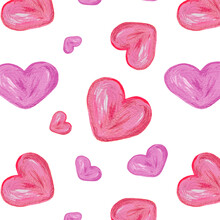 Seamless Pattern Of Acrylic Pink And Purple Hearts. Llustration. Hand Drawn Elements,isolated On White. Wrappers, Wallpapers, Postcards, Greeting Cards, Wedding Invitations, Romantic Events.