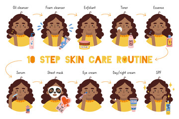 African american girl applies face skin care routine, cartoon style, trendy modern flat vector illustration.