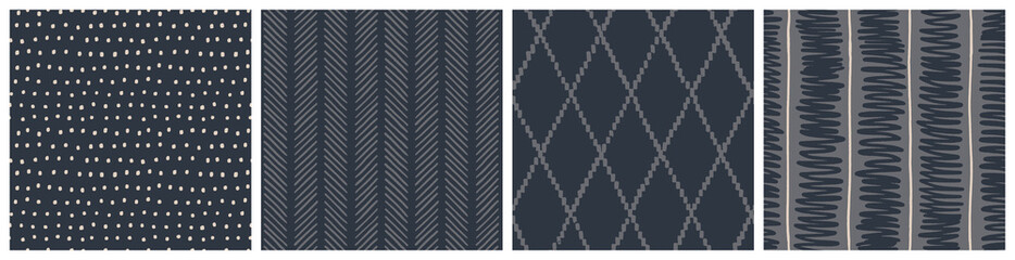 Dark grey classical herringbone, diamond, stripe and dot seamless pattern in modern hand drawn style. Masculine vector designs for fabric, poster background, wrapping or man product packaging