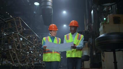 Wall Mural - Supervisor partners discussing plan wearing safety uniform at huge warehouse.