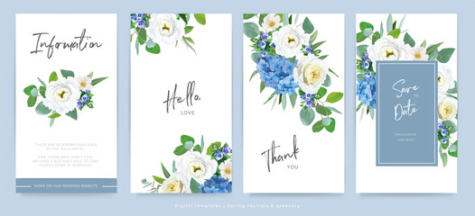 Poster - Spring wedding invite, save the date, floral card template design set. Watercolor style blue hydrangea flower, yellow rose, white eustoma, green eucalyptus leaves bouquet. Editable vector illustration