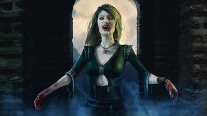 Poster - Digital 3d illustration of a vampire character coming through a misty medieval door in front of a large moon - fantasy painting