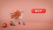 3d illustration of shopping cart full of baseball balls with button buy.