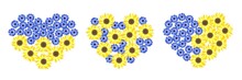 Blue And Yellow Flowers Hearts. Ukraine Colors And National Symbolics. Support Ukraine. Sunflower. Cornflowers. Vector  Illustration.