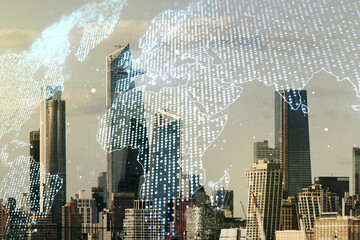 Wall Mural - multi exposure of abstract creative digital world map hologram on new york city skyscrapers backgrou