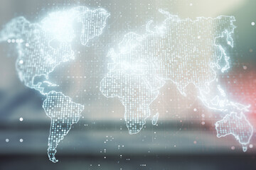 Wall Mural - multi exposure of abstract graphic world map on blurry contemporary office building background, big 