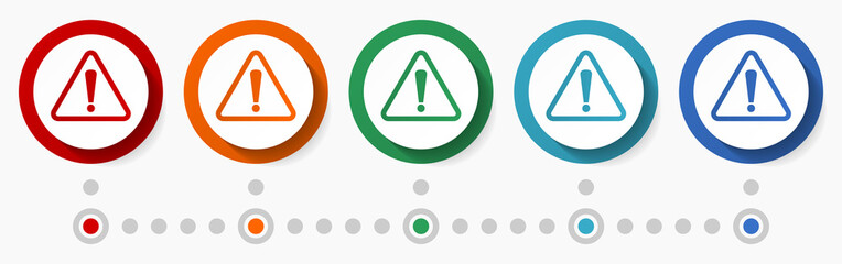 Aufkleber - Exclamation sign concept vector icon set, infographic template, flat design colorful web buttons in 5 color options
