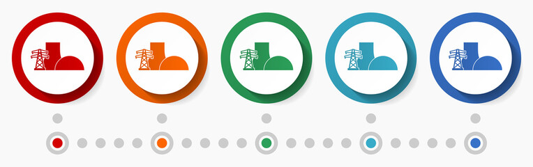 Aufkleber - Nuclear power plant concept vector icon set, infographic template, flat design circle colorful web buttons in 5 color options