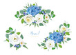 Spring, floral blue yellow bouquet. Watercolor style hydrangea flowers, roses, white eustoma, green eucalyptus leaves, branches. Editable vector illustration, element set. Wedding, greeting decoration