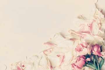 Wall Mural - border of beautiful retro pink and white peony flowers with copy space for your text top
