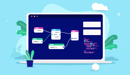 Wall Mural - visual scripting - laptop computer with node based coding editor on screen. vector illustration with