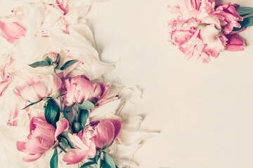Wall Mural - border of beautiful retro pink and white peony flowers with copy space for your text top