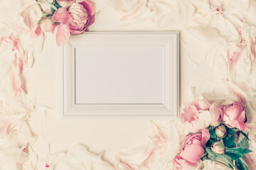 Wall Mural - border of beautiful retro pink and white peony flowers with decorative white frame with copy space f
