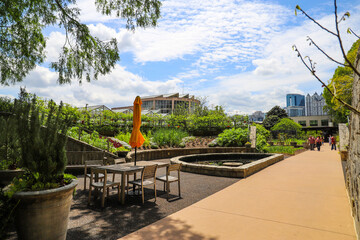 a brown wooden table with chairs with at orange umbrella in the edible garden along a smooth footpath surrounded by lush green trees and plants with blue sky and clouds at Atlanta Botanical Garden