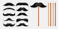 Realistic Black Mustache On A Wooden Stick. Fake Paper Mustache Isolated On Transparent Background. Fashionable Facial Hair. Vintage Design Element. Creative Vector Illustration.
