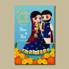  Wedding invitation card the bride and groom cute couple in traditional indian dress cartoon character. Vector illustration