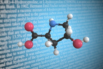 Molecular model of hydroxyproline, 3D rendering