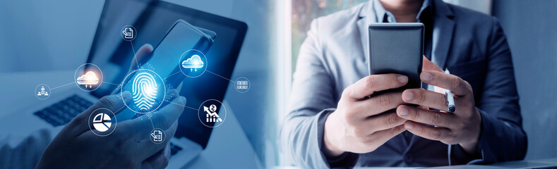 Technology fingerprint scan provides security. digital transformation change management,new technology big data and business process strategy, automate operation, customer service management.