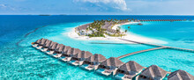 Beautiful Maldives Paradise. Tropical Aerial Travel Landscape, Seascape With Wooden Bridge, Water Villas, Amazing Sea Sand Sky Beach, Tropical Island Nature. Exotic Tourism Destination Summer Vacation