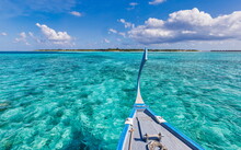 Amazing Maldives Beach Design. Maldives Traditional Boat Dhoni Front. Perfect Blue Sea With Ocean Lagoon. Luxury Tropical Paradise Concept. Beautiful Vacation Travel Landscape. Tranquil Ocean Lagoon