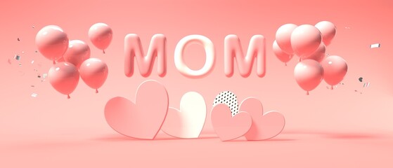 Wall Mural - Mothers day theme with hearts and balloons - 3D render