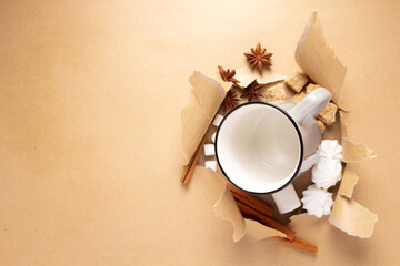 Poster - Empty cup and ingredients on torn paper. Mug and  background