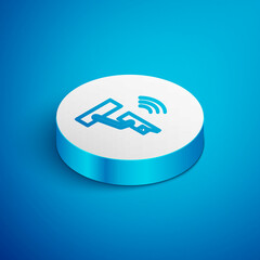 Poster - Isometric line Smart security camera icon isolated on blue background. Internet of things concept with wireless connection. White circle button. Vector