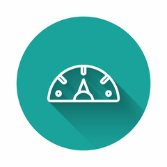 Sticker - White line Speedometer icon isolated with long shadow. Green circle button. Vector