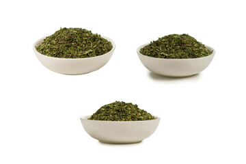 Dry mint in a bowl isolated.