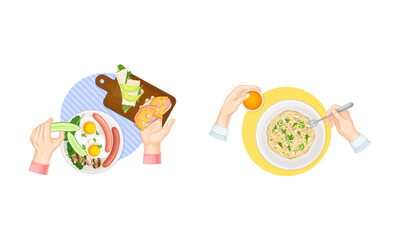 Tasty dishes and human hands set. Top view of people having breasfast or dinner at home or restaurant vector illustration