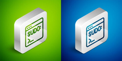 Isometric line Code terminal icon isolated on green and blue background. Browser window with command line. Command panel. Programming coding. Notepad. Silver square button. Vector