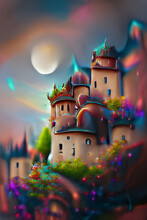 A 3d Digital Rendering Of A Fairytale Castle In Pink With Blue, Purple And Pink Flowers Growing Around It And A Full Moon In The Sky.