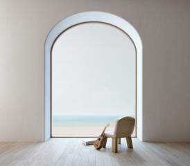 Wall Mural - Minimal design interior.Chair ukulele and arch window with sea view.3d rendering