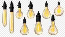 Set Of Vintage Incandescent Lamps Of Various Shapes And Sizes. Glass Bulbs Of Lamps Are Translucent In Vector Format. For Use On Light Background