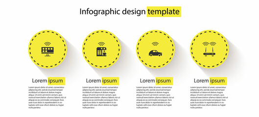 Sticker - Set Smart Tv system, coffee machine, car with wireless and Router and wi-fi signal. Business infographic template. Vector