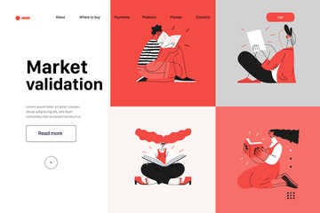 Wall Mural - Startup illustration, website landing template Flat line vector modern concept illustration, startup metaphor. Concept of building new business, strategy, company processes. Market validation