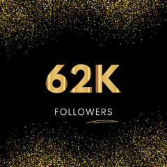 Sticker - Thank you 62K or 62 Thousand followers. Vector illustration with golden glitter particles on black background for social network friends, and followers. Thank you celebrate followers, and likes.