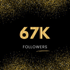 Sticker - Thank you 67K or 67 Thousand followers. Vector illustration with golden glitter particles on black background for social network friends, and followers. Thank you celebrate followers, and likes.