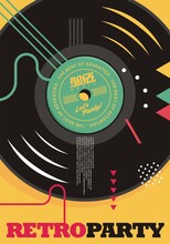 Vinyl Record Graphic Design For Retro Party Poster. Abstract Memphis Style Template For Seventies Music Party Invitation Or Concert Flyer. Minimalist Vector Illustration. The Best Of Seventies.