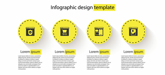 Set Browser with shield, Online shopping on screen, Web developer programming code and Photo retouching. Business infographic template. Vector