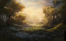 An Artistic Painting Depicting A Quiet Place In The Woods
