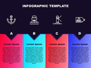 Poster - Set line Anchor, Ship, Lighthouse and Bottle with ship inside. Business infographic template. Vector