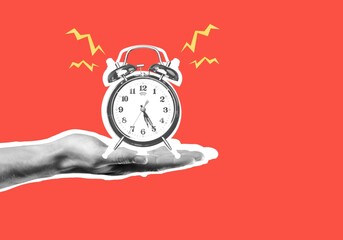 human hand holding alarm clock on red background, idea concept
